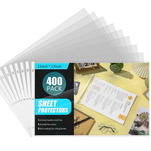 Glenmal 400 Pack Sheet Protectors 11 x 17 Inch 3 Hole Clear Heavy Duty Page Protectors for 3 Ring Binder, Plastic Sleeves for Binders