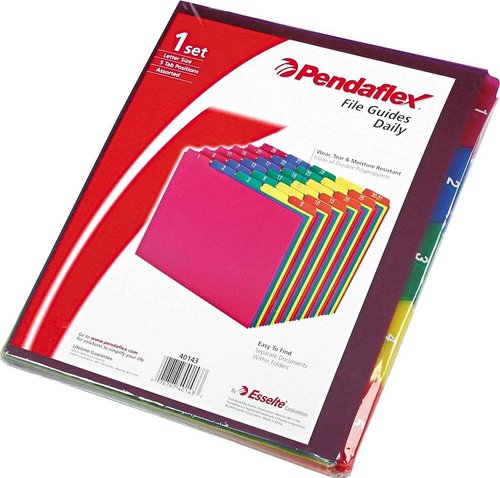 Pendaflex 40143 Top Tab File Guides, Daily/1-31, 1/5 Tab, Polypropylene, Letter (Set of 31) , Blue;green;magenta;strawberry;yellow