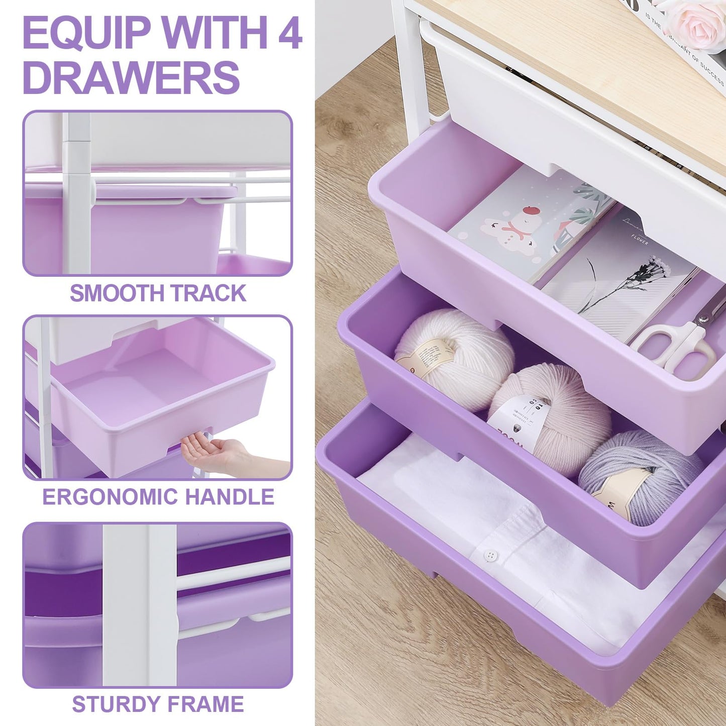 Utility Cart with 4 Drawers,Rolling Storage Cart with Drawers,Storage Rolling Drawer Cart with Wooden Tabletop for Bedroom,Kid's Room,Dorm,Classroom,Office, Purple