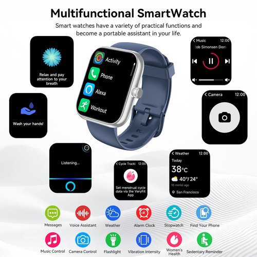 SENBONO Smart Watch with Alexa Built-in, 1.83" HD Touchscreen, Bluetooth Calling, IP68 Waterproof Fitness Tracker, 120+ Sports Modes, 24/7 Heart Rate/Sleep Monitor for iPhone Android (Blue)