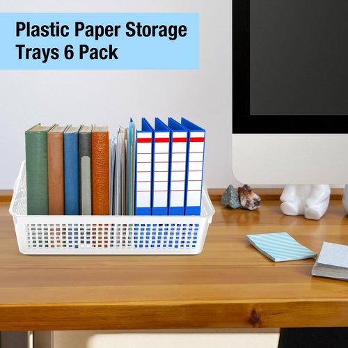 Cptoion A4 Size Plastic Storage Basket Tray,6 Pack Plastic Paper Storage Trays,Desktop File Paper Letter Organizer Basket for Classroom, Office, Home (White)
