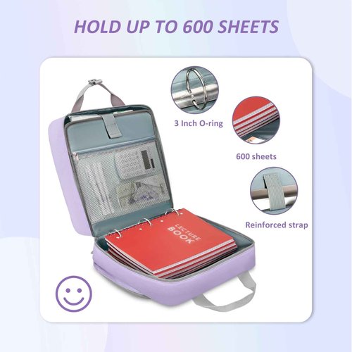 Ytonet Zipper Binder with Shoulder Strap, 3 Inch 3 Ring Binder with Zipper, 600 Sheets Large Capacity Waterproof School Binders Organizer for Girls Students Fit 15.6 Inch Laptop, Purple