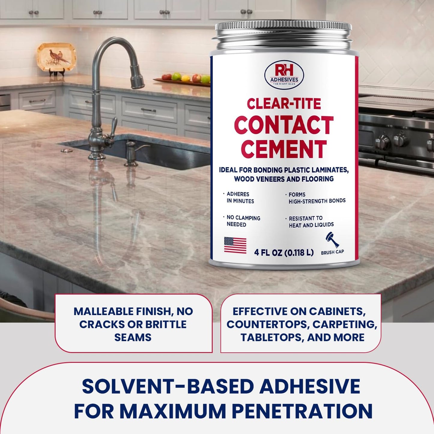 Clear-Tite Contact Cement, 4 oz. can - Laminate Flooring, Countertops, Tabletops, Crepe Rubber, Ceramics, Wood Veneers, Waterproof, Long Lasting - RH Adhesives