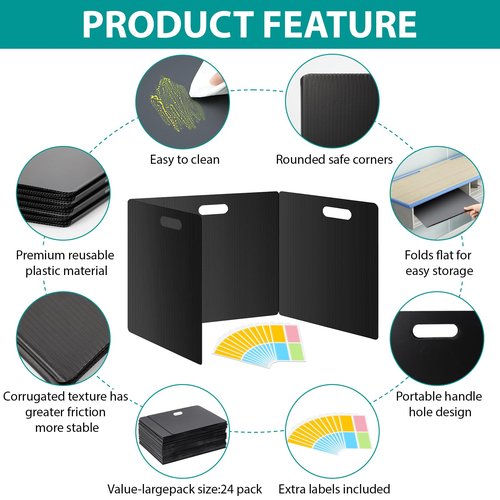 MuseLuxe 24 Pack Privacy Folders for Students - Durable & Waterproof Plastic Study Desk Dividers,Test Dividers for Classroom,Easy to Clean Privacy Shields & Boards - Includes Extra 48 Labels