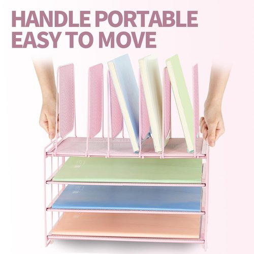 ORDROLL Desk Paper Organizer with Handle,3 Tier Letter Trays with 5 Vertical File Holder,Paper Storage,Desktop Organizer for Classroom,Home or Office,Pink
