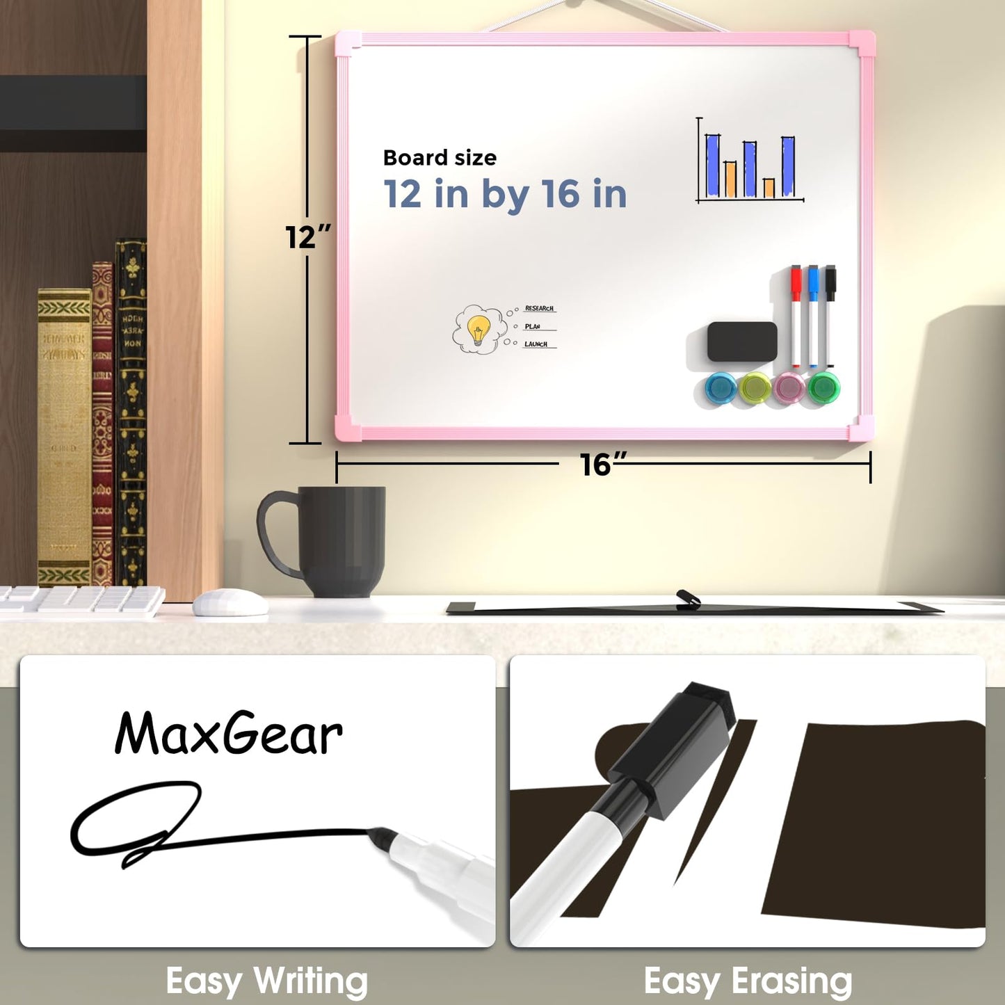 MaxGear Double-Sided Dry Erase Board for Wall, 16"x12", Pink Frame