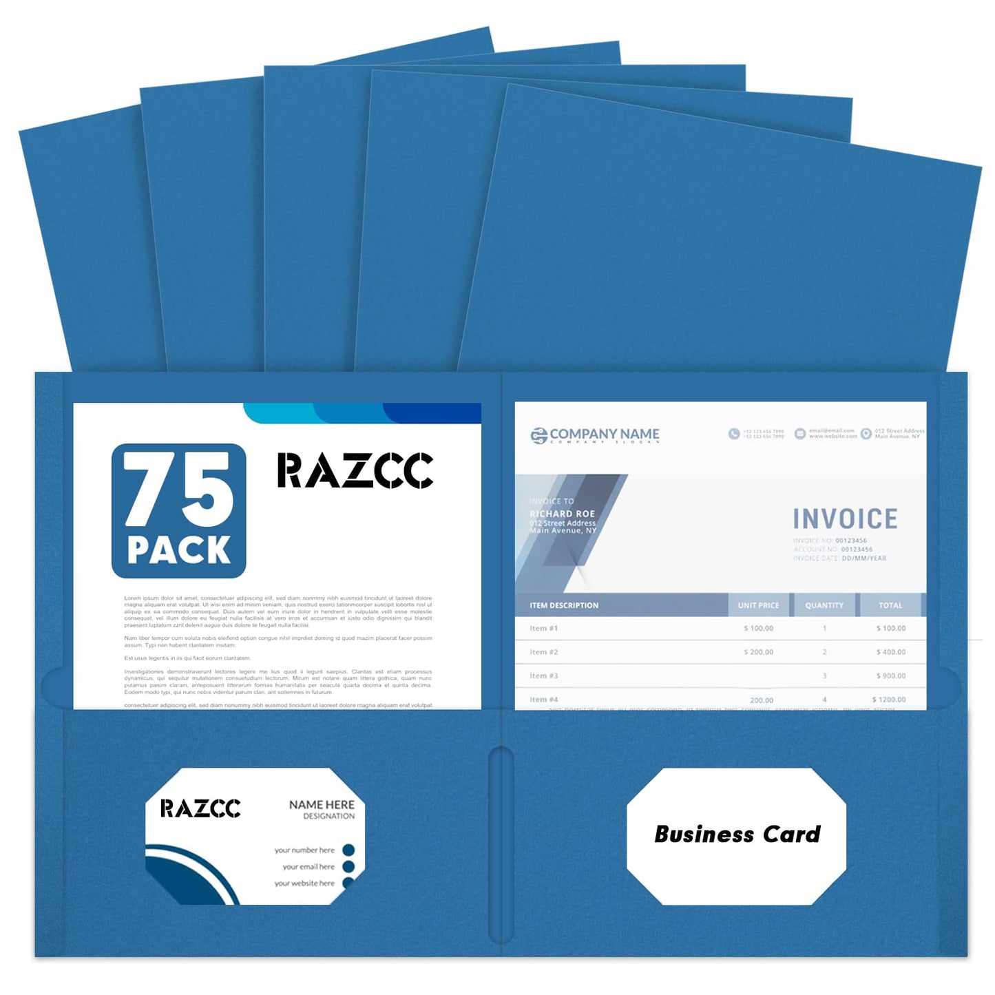 Two Pocket Folders, RAZCC 75 Pack 2 Pocket Folders Fit Letter Size Paper, Paper Folders with Pockets for School Office Business Home (Navy Blue)