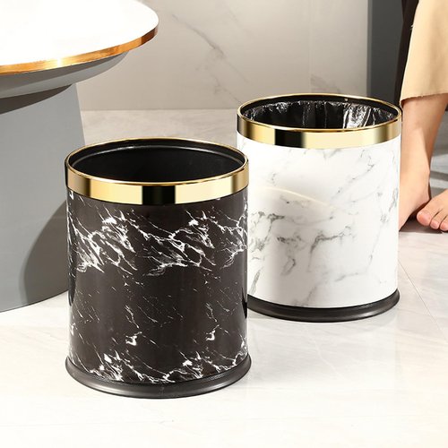 Luxury Metal Waste Bin with Leather Cover,Open Top Office Wastebasket,Double Layer Trash Can,Round Shaped (Black Marble w/ Gold Ring)