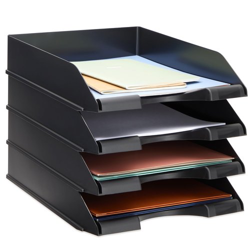 Stockroom Plus 4 Pack Black Stackable Paper Trays for Letter Documents, Desktop File Organizers for Office Supplies, Stackable Desk Tray Holder for Paper Storage (10 x 13.45 x 2.5 in)
