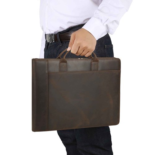 Handmade Leather Business Checkbook Binder - 7 Ring Check Binder with Handle, Check Holder Checkbooks for Business Checks for 3 Per Page 600 Checks Capacity for 9 x 13 inch Sheets, Dark Kahki