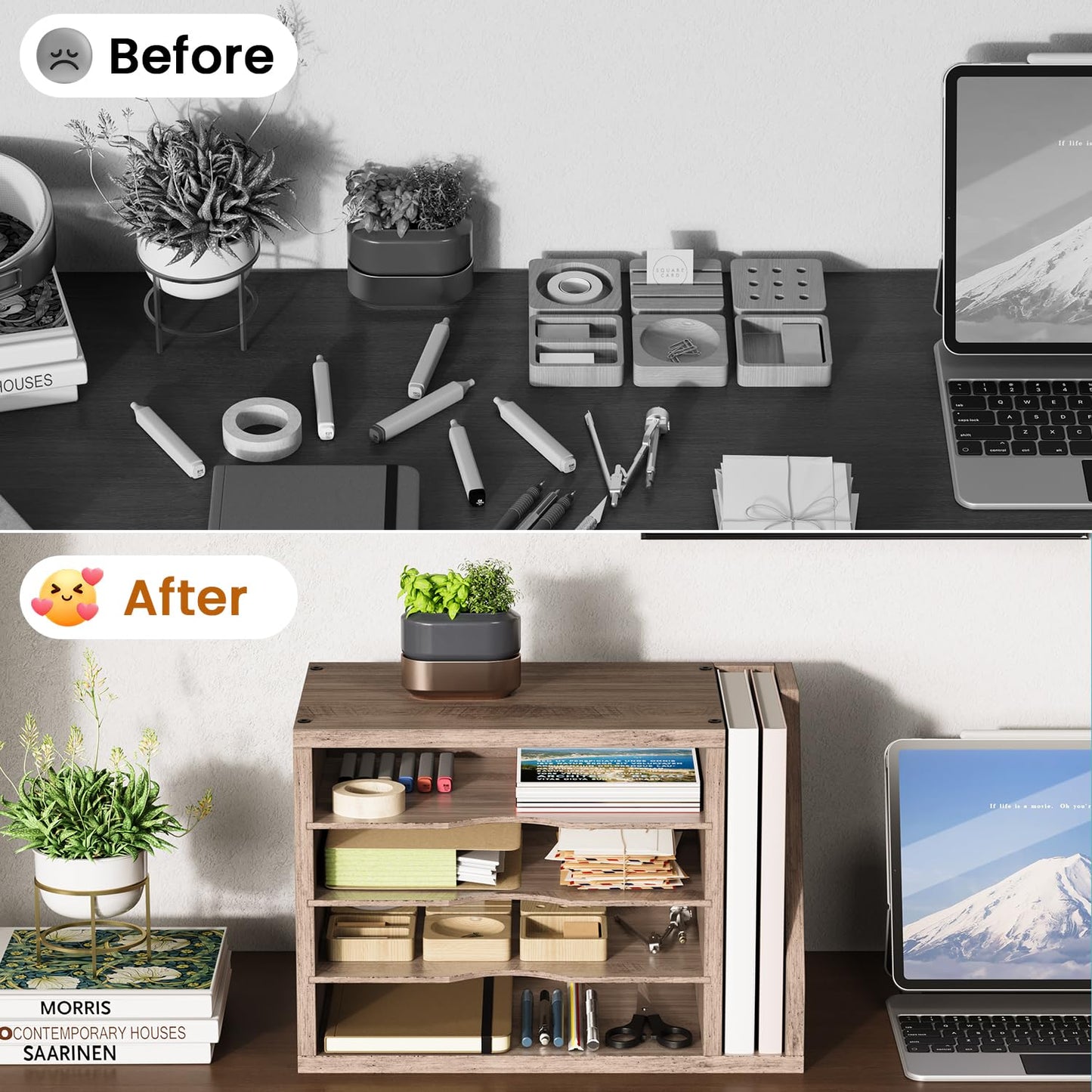 Creso hom Mail Sorter, File Organizer Desktop, Wood Desk Organizer with 3 Adjustable Shelves, Mail Holder for Office, Home, Letter Sorter File Holders for Envelopes, Mail Supplies Magazines, Greige
