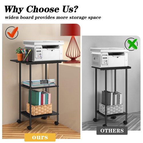 Luplom Black Modern Printer Stand with Storage 3 Tier Rolling Cart, Large Printer Table for Home Office, Multi-Level Storage, Compatible with Printers, Scanners, Office Supplies