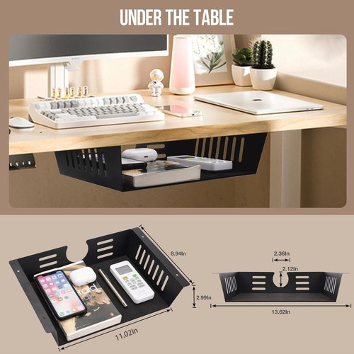 2 Pack Under Desk Shelf - Under Desk Storage Shelf Metals,Under Desk Organizer - Black Under Shelf Storage for Office Tables & Workstations（11 Inch）