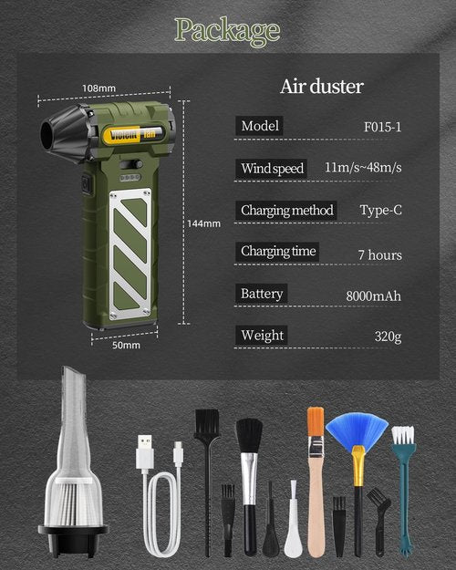 Kocyare Compressed Air Duster,Infinitely Variable Speed，130000RPM Electric Jet Dry Blower with Safety Hammer,Cordless Rechargeable Air Duster for Cleaning PCs/Keyboards/Car Washing (Green)