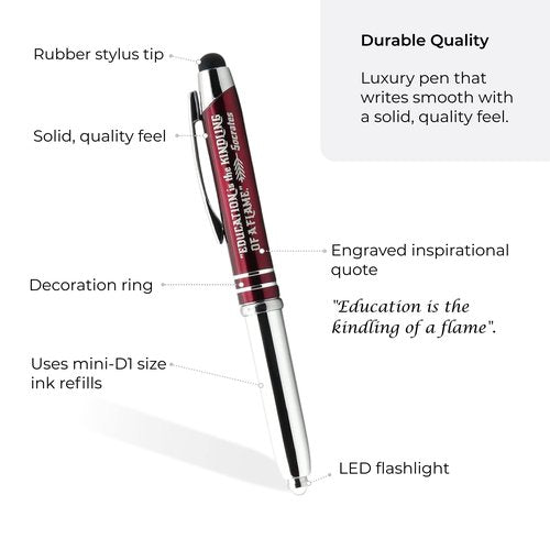 Inkstone Gift Pen with Inspirational Quote Education is the kindling of a flame - Socrates Engraved Pen with LED Light and Stylus Tip