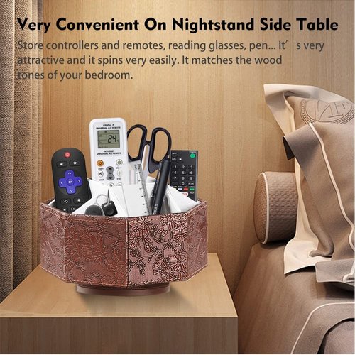 Arniche PU Leather Remote Control Holder,360 Degree Spinning TV Remote Caddy,9 Grids Desk Organizers and Accessories for Storage Controller,Calculator,Mail,Media,Pen,Phone etc (Antique)