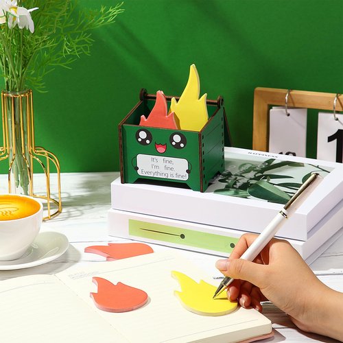 Sherr 6 Sets Dumpster Fire Pencil Holder with Flame Note Cards Emotional Support Gifts Dumpster Fire Desk Accessories Funny Employee Appreciation Gifts Bulk for Team Coworker Teacher Nurse (Green)