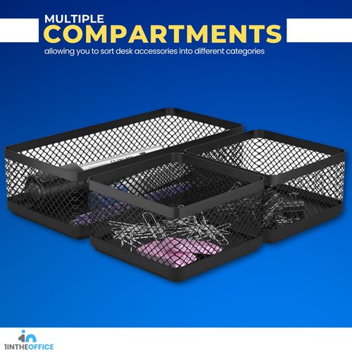 1InTheOffice Mesh Collection Desk Drawer Organizer Tray 3 Compartment - Stackable, Matte Black