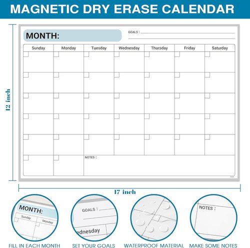 Magnetic Monthly Calendar by [Brand Name] - 17" x 12" Undated Fridge Planner with Erasable Blocks & 6 Markers