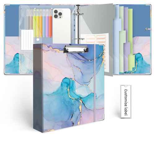 2 Inch 3 Ring Binder Organizer with Clipboard, 5-Tabs Pockets Dividers, Plastic Folder, 18 Divider Stikers, KLLVE Three Ring Binder with Pen Loop (Blue Marble, Letter Size)