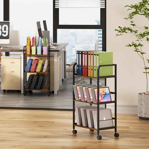 Rolling Book Cart with Removable Dividers, 3-Tier File Cart with Wheels, Utility Storage Rack for Office, Home, Classroom, Art Supply Organizer, Binder and Laptop Shelf Rack