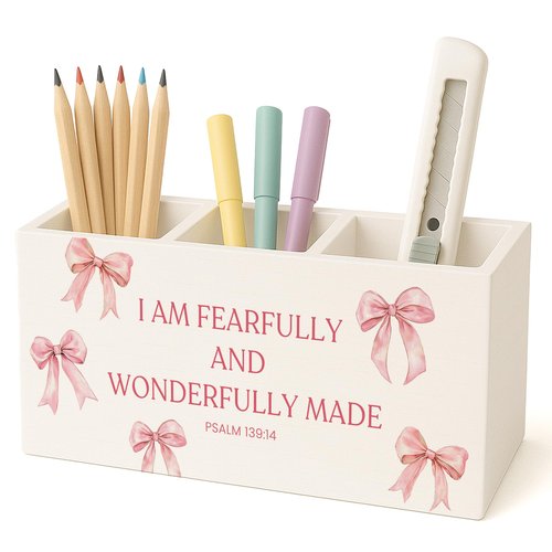 FISWAFY Pink Coquette Bow Christian Pen Pencil Holder for Desk, Christian Gifts for Women, Psalm 139:14 Bible Scripture Makeup Brush Toothbrush Holder for Vanity Girly Bedroom Bathroom