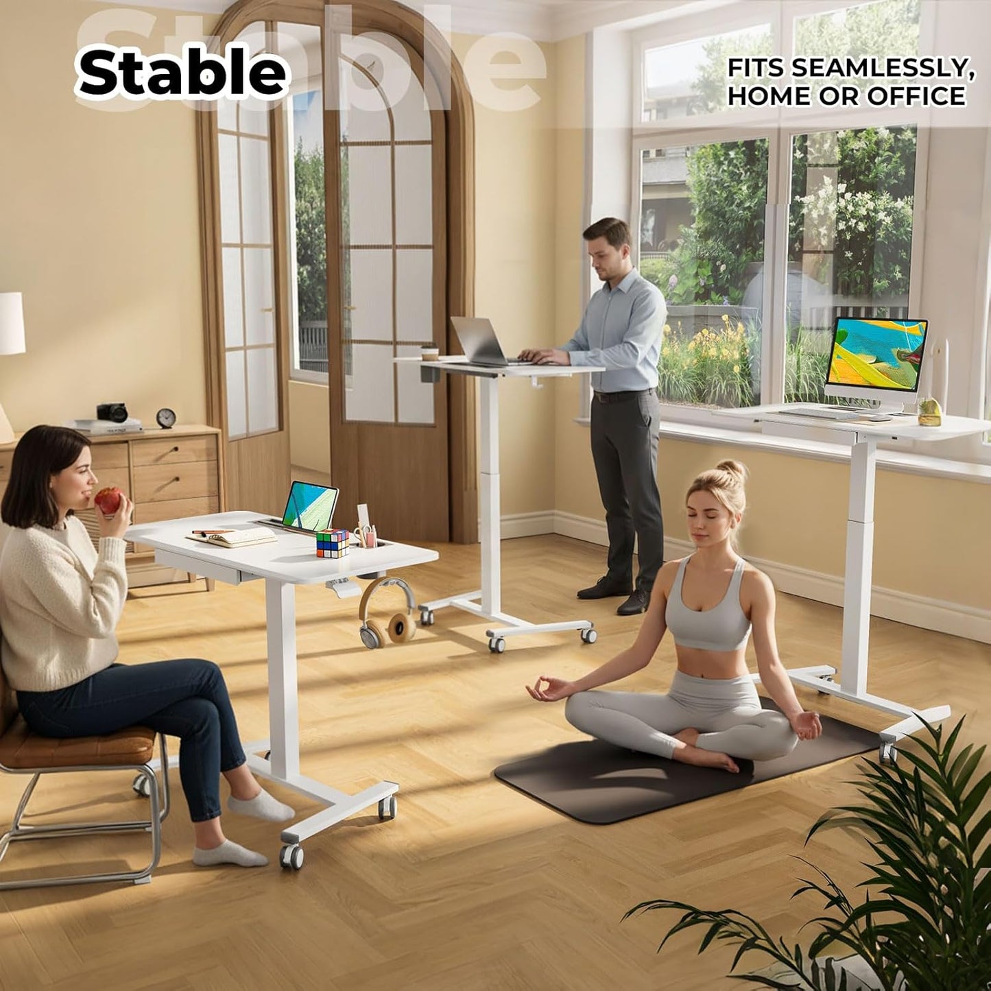 Skiennix Mobile Standing Desk - Height Adjustable with Drawer & Cup Holder | 40" White Rolling Workstation
