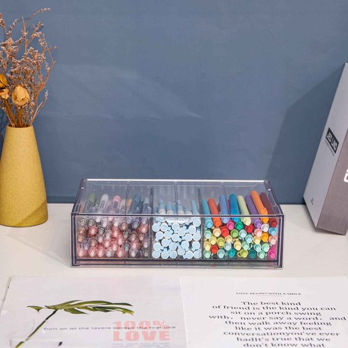 Yesesion 4 Pack Clear Office Supplies Organizer Drawer for Desk, Stackable Marker Pen and Pencil Holder with Adjustable Compartment, Large Desk Accessories Storage Box for Art Crafts, Stationery