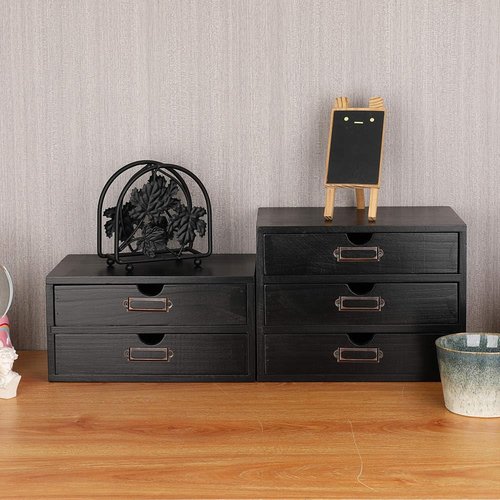 PACKGILO Wooden Storage Box Rustic Desktop Organizer with 3 Drawers Office Desk Accessories Shelf Small Craft Storage Containers Apothecary Cabinet and Chest Jewelry Holder for women(BLACK)