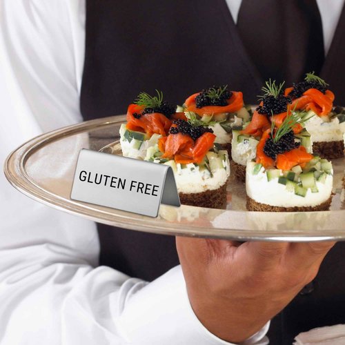 Gluten Free Stainless Steel Metal Table Tent Sign - 3" x 1-1/2" - Table Top Setting for Restaurants, Catering Businesses, Business. Great for Wedding, Banquet, Buffet, Party, Events. To Label Food Areas for Allergy Concerns-12 PK