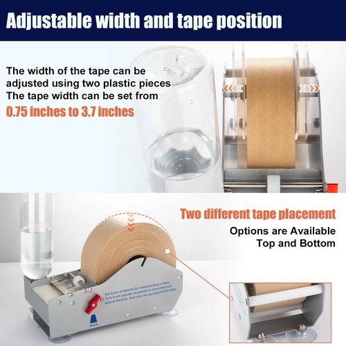 TooCust Metal Water Activated Tape Dispenser, One-Button Tape Feeder for 0.75-3.75" Wide Shipping Tape, with 500ml Auto Water Supply & Suction Cup Feet
