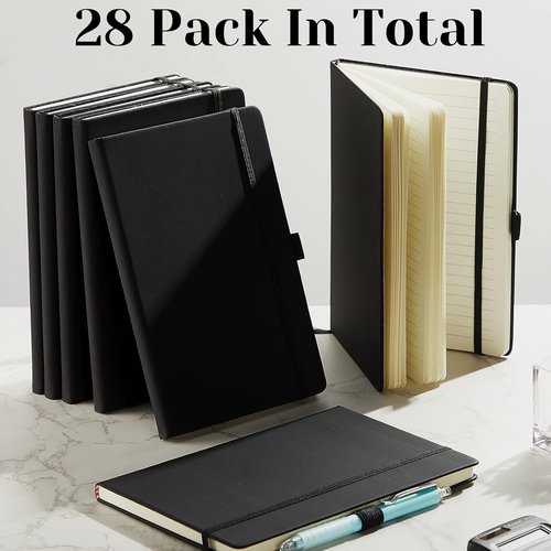 Laumoi A5 Hardcover Notebook Journal - 28 Pack PU Leather Lined with Pen Holder | Black, 5.5 x 8.2 Inch