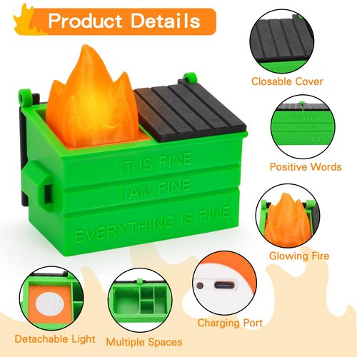 HOMQYTE Dumpster Pencil Holder with Flame Light and Charging Port Dumpster Pen Holder Desk Accessories for Office Christmas Decor (Green, 1P)