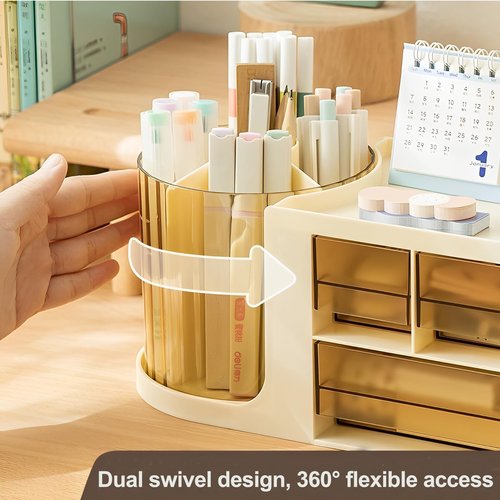INSTOME Rotating Desk Organizer with 2 Pen Holders & 3 Drawers – All-In-One Multifunctional Storage with Butterfly Sticker for Office, School, or Home | Neutral Beige & Cream Aesthetic