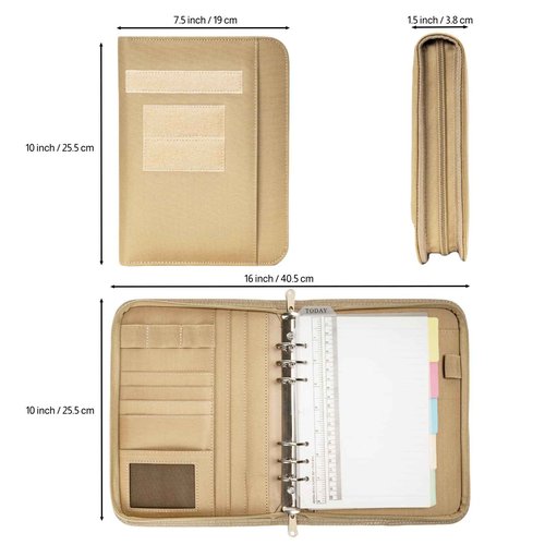 Tactical Padfolio Ring Binder with Zippered, Refillable Planner Binder Tactical Portfolio Organizer for Men, Tactical Notebook Cover for A5 Folder, Small 6 Ring Binder Military Notebook Cover(Coyote)