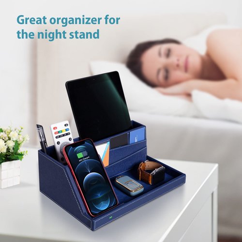 Desk Organizer with Charging Station, Nightstand Organizer Phone Docking Station, Men Gift Husband Wife Anniversary Dad Birthday Nightstand Purse Father Graduation Male Travel Idea Gadgets