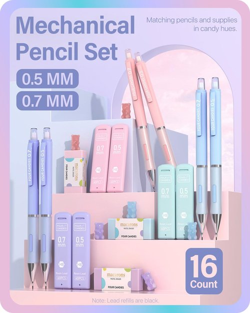 Four Candies Pastel Mechanical Pencil Set - 6PCS 0.5 mm & 0.7mm Pencils with 360PCS HB #2 Lead Refills, 3PCS Erasers and 9PCS Eraser Refills, Cute School Supplies Stuff for Student Writing Drawing