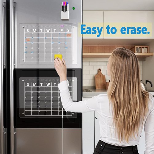Magnetic Acrylic Calendar - 17"x12" Clear Dry Erase Board for Refrigerator | Includes 4 Markers & Eraser
