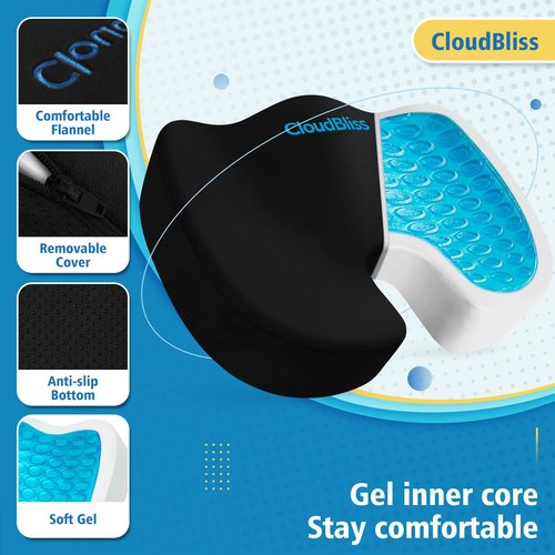 CloudBliss Gel Seat Cushion - Cooling Gel Enhanced, Memory Foam, Ergonomic Seat Cushion for Long Sitting - Back, Sciatica, Coccyx, Tailbone Pain Relief for Office, Game, Car, Airplane (X-Large, Black)
