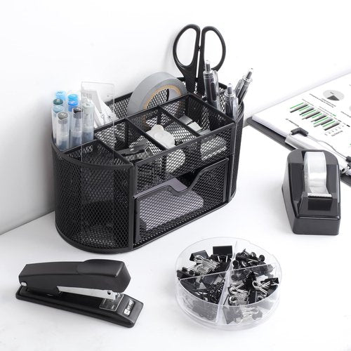 PrintPulse Office Supplies for Desk,14pcs Black Desk Sets and Accessories, Office Supply Kit with Mesh Desktop Organizer and Stapler,Staple Remover, Staples,Tape Dispenser,Sticky Tabs,Scissors, Ruler