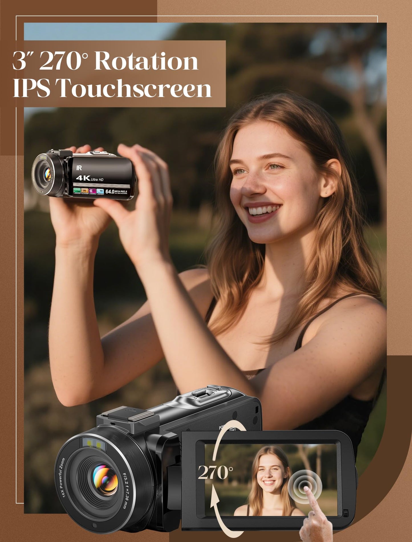 ZYDIIE 4K Video Camera Camcorder UHD 64MP Vlogging Camera for YouTube 18x Digital Zoom 3" 270° Rotation IPS Touchscreen Video Camcorder with Night Vision, Remote Control, 32GB Card, 2 Batteries