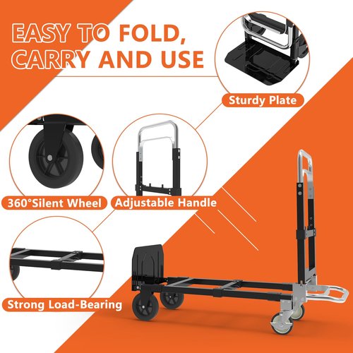 3 in 1 Heavy Duty Folding Hand Truck, Convertible Portable Steel Dolly with Telescopic Handle, Foldable Utility Cart with Rubber Wheels, 500 LBS