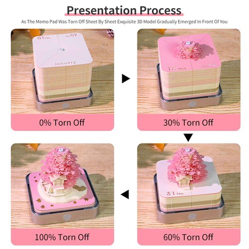 RSLIPIN 3D Memo Pad Time Piece Calendar 2026,3D Calendar Memo Pad DIY Notes Notepad Paper Craft Art Romantic Tree House,2026 3D Desk Calendar With LED Lights,Pink