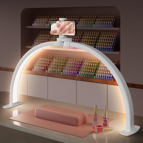 TOELOVE Half Moon Light for Nail Desk with Phone Stand, 3 Color Modes,10 Brightness, 29in 38W Foldable Arch Nail Table Lamp for Beauty Care, Lash, Handicraft, Tattoos, White