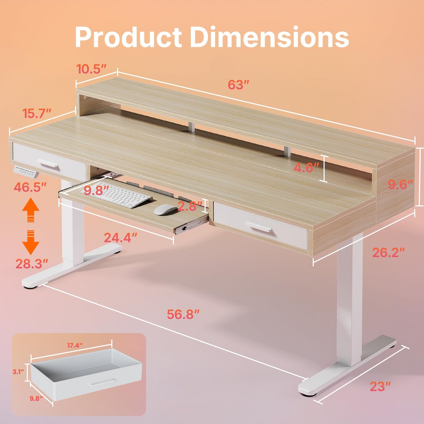 HUANUO 63″ x 26″ Electric Standing Desk with 2 Drawers &24.4″ Large Keyboard Tray, C-Clamp Mount Compatible, Adjustable Computer Desk for Office, Sit Stand Up Desk with 4 Height Presets, Light Walnut