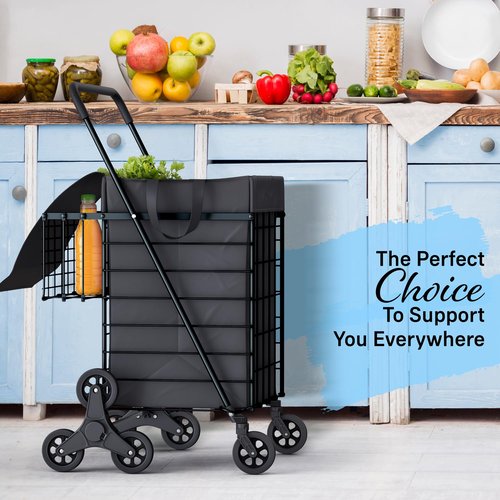 Our Modern Space Stairs Climbing Shopping Cart w/Waterproof Basket Liner & 360° Swivel Wheels | Foldable Collapsible & Lightweight | Perfect for Groceries Laundry Utility Cart - Black