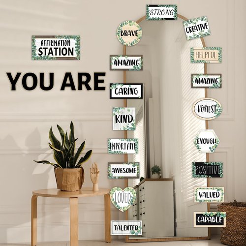 Eucalyptus Affirmation Station Bulletin Board Classroom Decorations Set Boho Greenery Growth Mindset Inspirational Bulletin Board Poster Positive Affirmations Accents Cutout for Teachers Wall Mirror