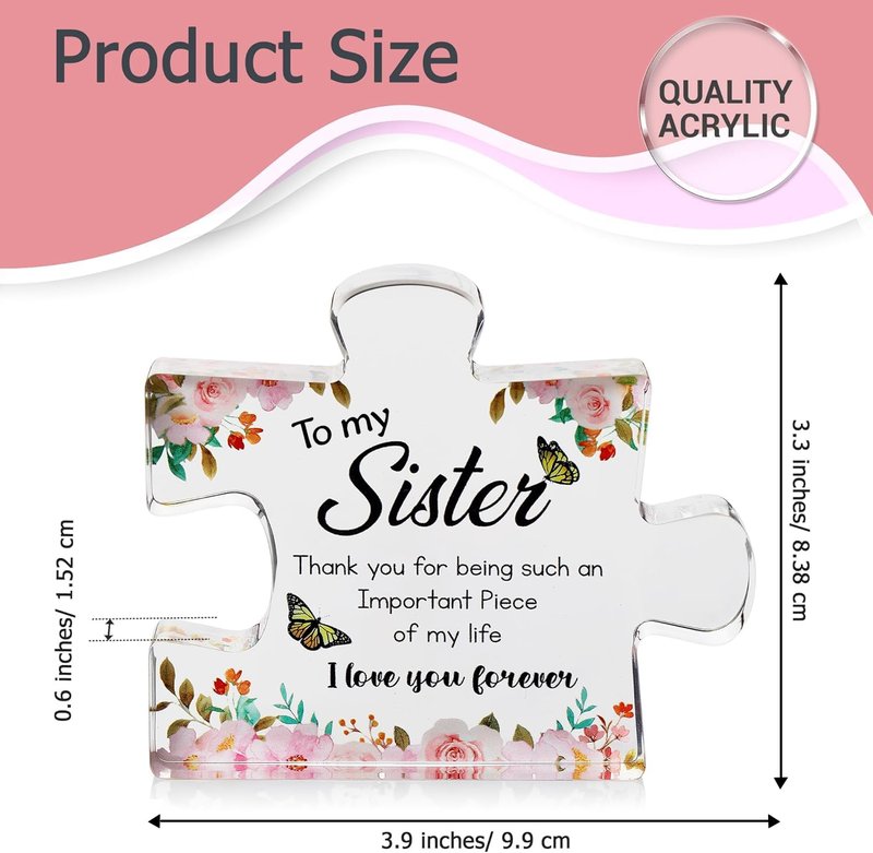 VELENTI Gifts for Mothers Day - Sister Engraved Acrylic Puzzle Piece with Heartfelt Message - Perfect Sister Birthday, Thanksgiving, Paperweights - Cute Decoration for Home, Office