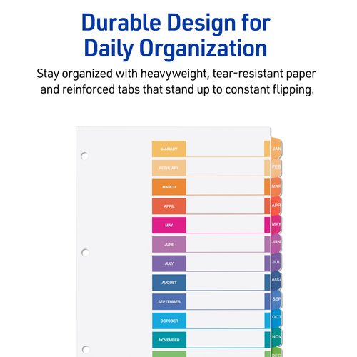 Avery Jan-Dec Tab Dividers for 3 Ring Binders, Customizable Table of Contents, Multicolor Tabs, 24 Sets(11127)