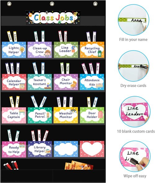 Regeleto Class Jobs Pocket Chart - 17 Pockets & 2 Storage Bags | Educational Tool for Classroom Management - 32.6" L x 19.6" H (Black)
